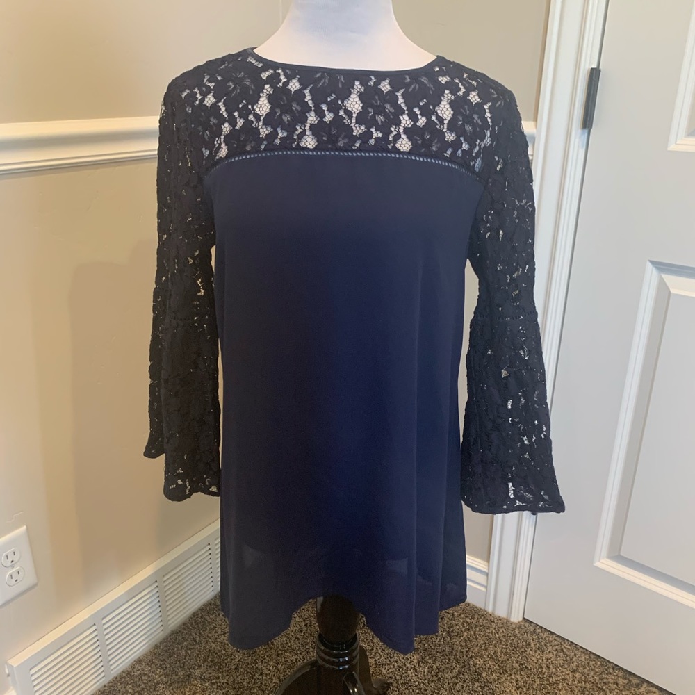 Halogen Navy Tunic with Lace Bell Sleeves